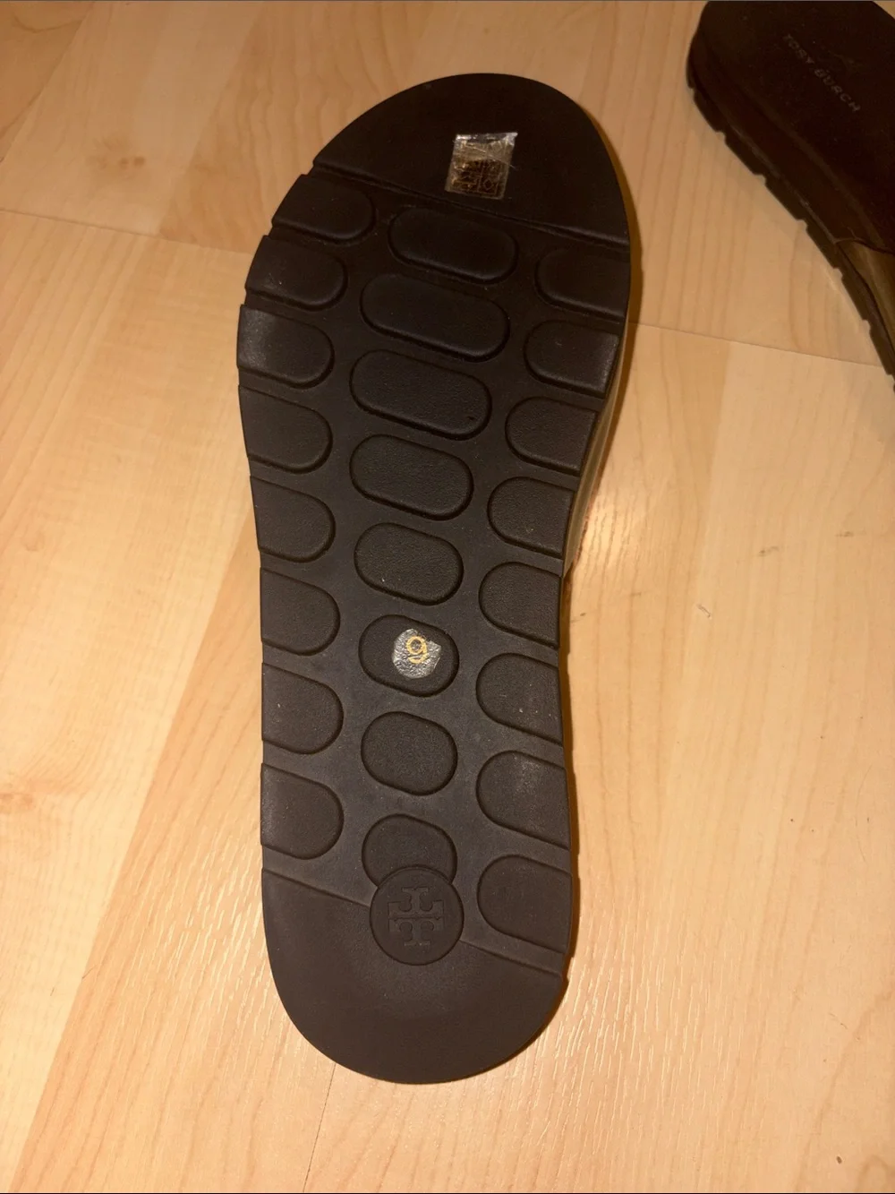Tory Burch Black Patent Slide Sandals with Gold Logo Buckle 9